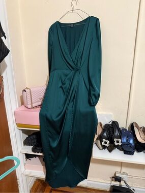 SHEIN Teal Satin Wrap Maxi Dress with Long Sleeves